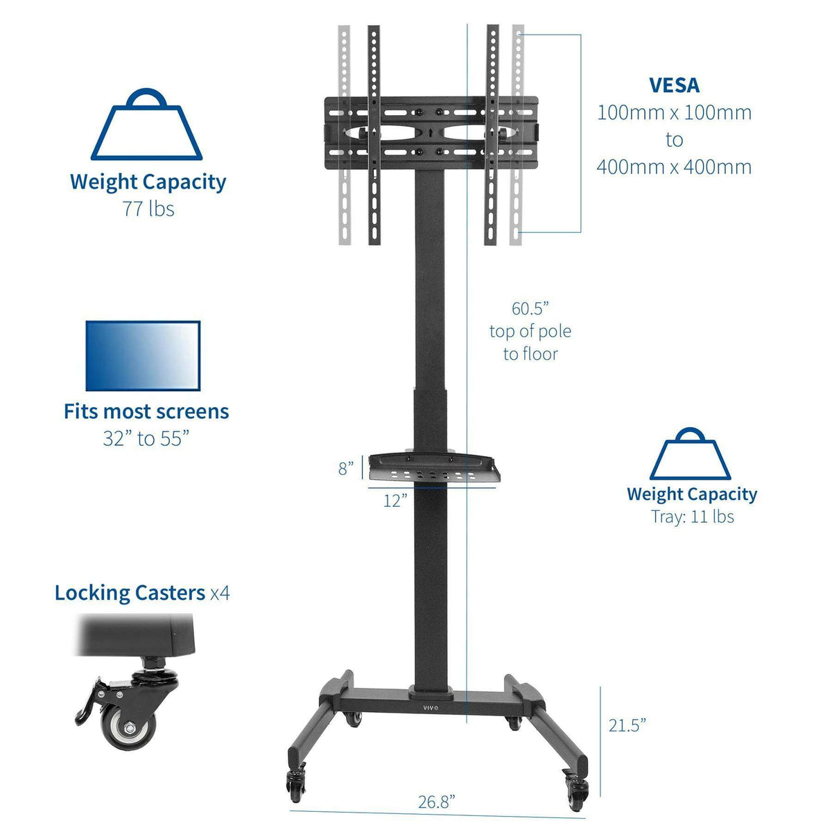 VIVO Black Mobile Cart for 32" to 55" TVs, STANDTV05L, Upliftoffice