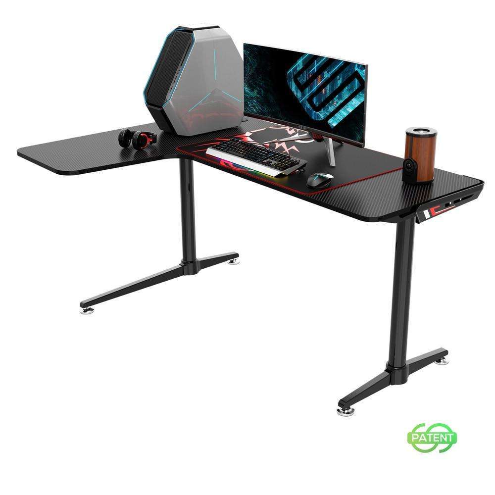 Gaming Desk 58 with LED Strip & Power Outlets, L-Shaped Computer Corner Desk  Carbon Fiber Surface with Monitor Stand, Ergonomic Gamer Table with Cup  Holder, Headphone Hook, Black 