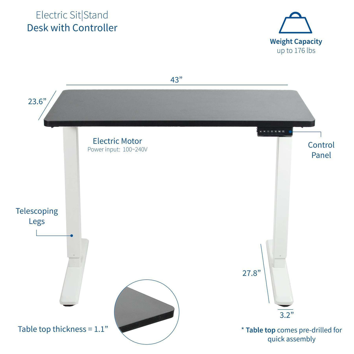 VIVO Electric 43”x24” Standing Desk, Black TableTop White Frame, DESK ...