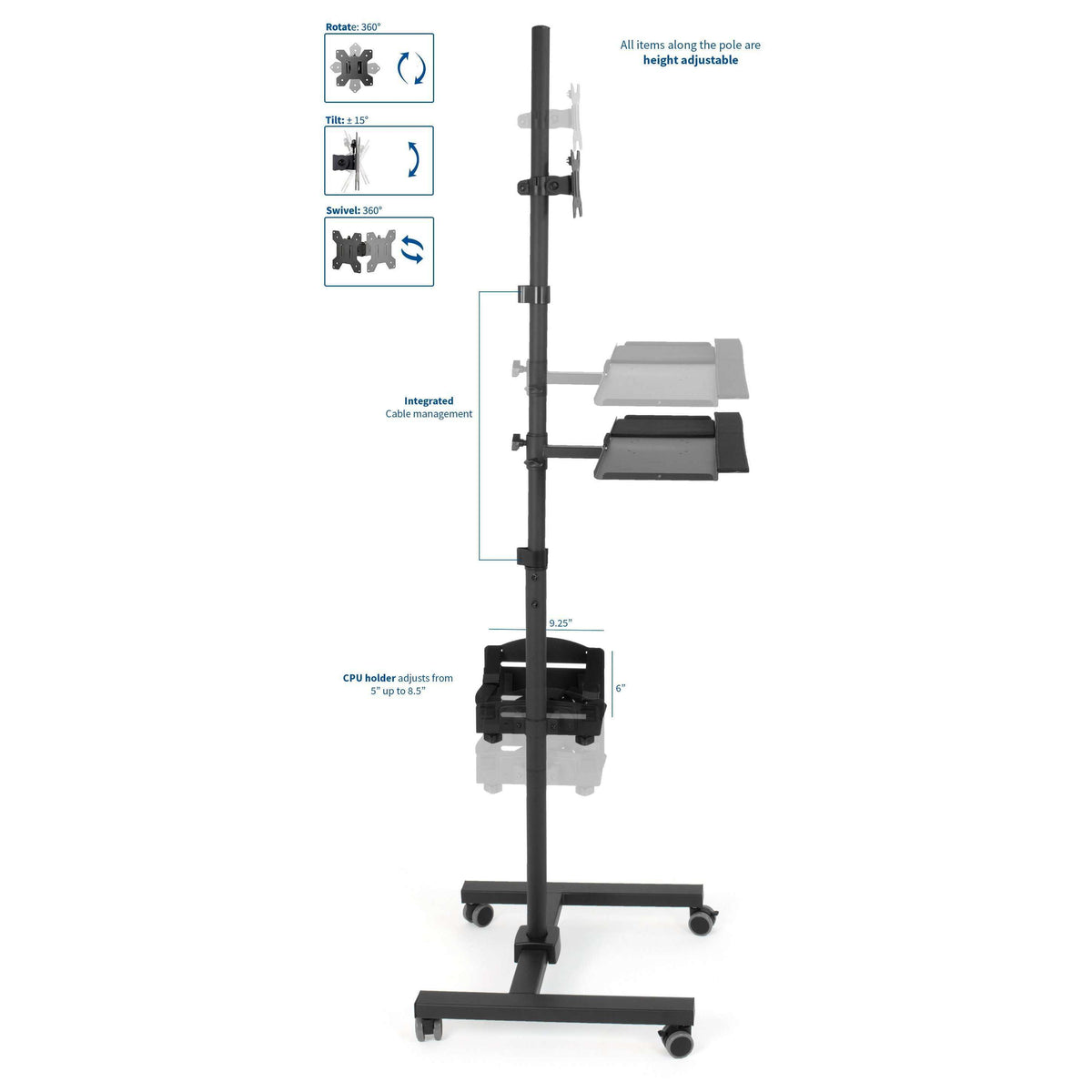 VIVO Black Adjustable Computer Mobile Cart, CART-PC02T, UpliftOffice ...